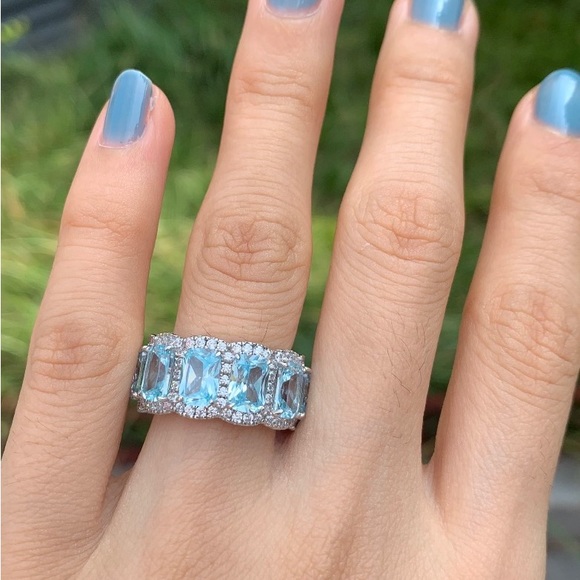 Aquamarine Ring Cushion Cut Eternity Wedding Band For Women 925 Sterling Silver - Picture 8 of 9